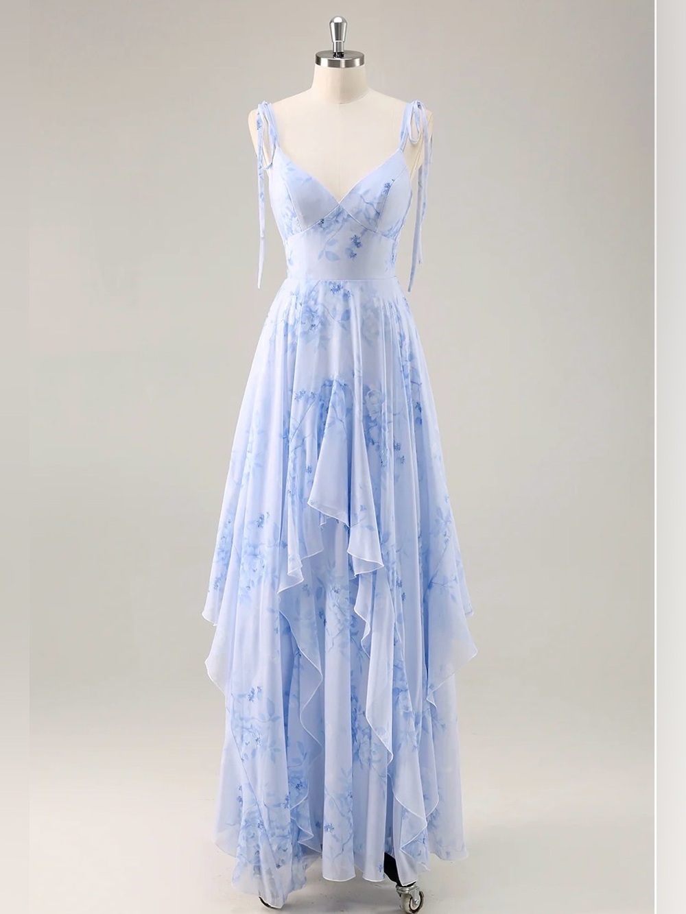 A-Line Spaghetti Straps Long Blue Floral Bridesmaid Dress with Ruffles 26W